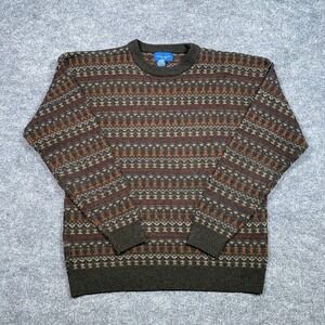 Towncraft Mens Vintage Fair Isle Geometric Crewneck Sweater Olive Green Large